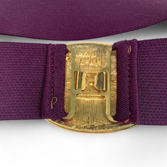 Nan Lewis 1980's Cloisonné Buckle Stretch Elastic Belt Purple, Gold, Green 34"L - Picture 6 of 8